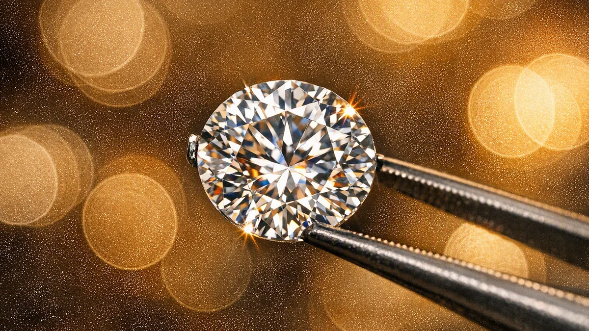 Briljantslipad diamant i pincett mot ljuset