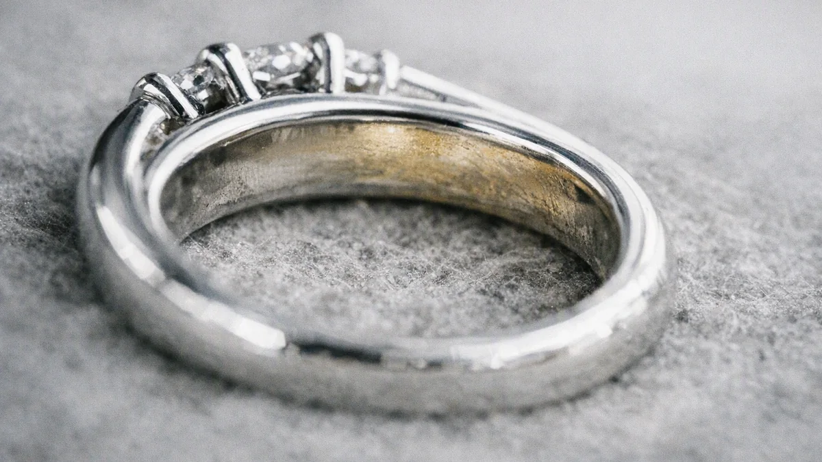 Vitguldsring med gulnad undersida där rodiumskiktet slitits