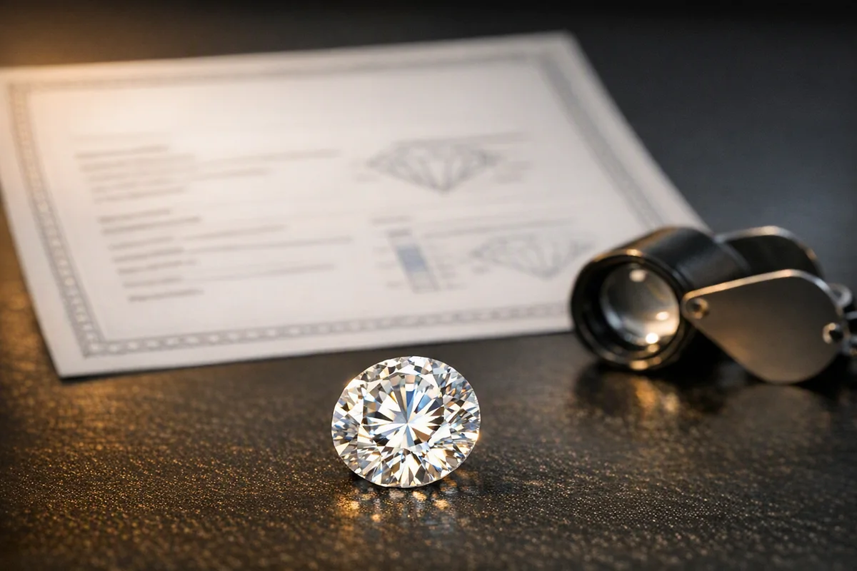 Diamantcertifikat med diamant och juvelerarlupp